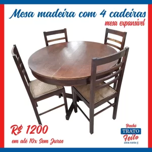 Mesa redonda (expansivel) com 4 cadeiras de palha