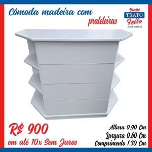 Cômoda branca com 4 gavetas e prateleiras laterais