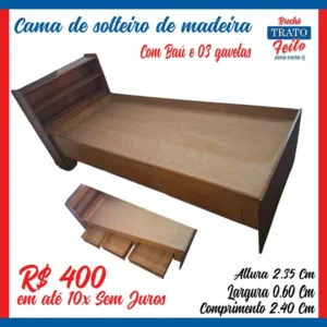 Cama solteiro com Baú e 03 gavetas
