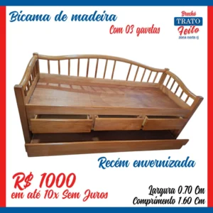 Bicama de madeira com 03 gavetas