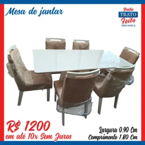 Mesa tampo de vidro com 06 cadeiras