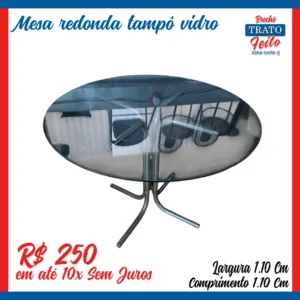 Mesa redonda Pés cromados e tampô de vidro