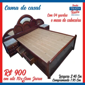 Cama casal com 04 gavetas e 02 mesas de cabeceira com tampô de mármore