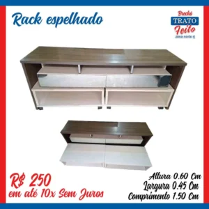 Rack com espelho nas gavetas e parte inferior com rodinhas