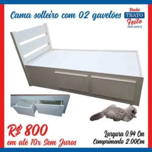Cama solteiro de madeira com 02 gavetões