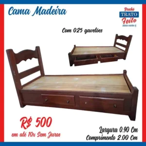 Cama solteiro de madeira com 02 gavetões