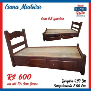 Cama solteiro de madeira com 02 gavetões