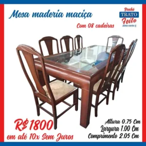 Mesa retangular de madeira maciça e 08 cadeiras