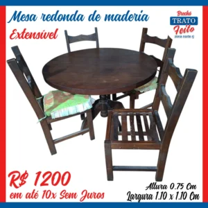 Mesa redonda de madeira maciça EXTENSÍVEL