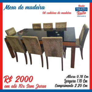 Mesa retangular de jantar de madeira 08 cadeiras