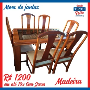 Mesa retangular de madeia com 06 cadeira