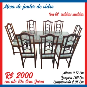 Mesa de vidro com 08 cadeiras