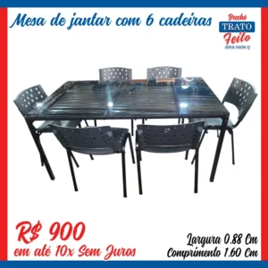 Mesa de ferro com tampô de vidro e 6 cadeiras